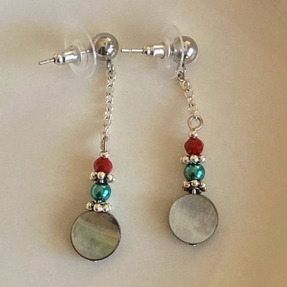 Abalone Coin Earrings with Teal & Red Accents - Picture 3 of 6